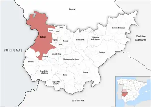 Die Lage des Gerichtsbezirk Badajoz in der Provinz&nbsp;Badajoz