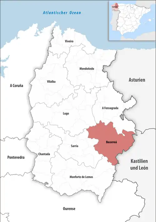 Die Lage des Gerichtsbezirk Becerreá in der Provinz&nbsp;Lugo