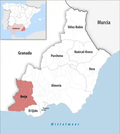 Die Lage des Gerichtsbezirk Berja in der Provinz&nbsp;Almería