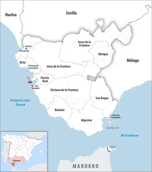 Die Lage des Gerichtsbezirk Cádiz in der Provinz&nbsp;Cádiz