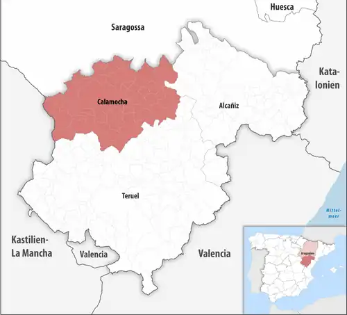 Die Lage des Gerichtsbezirk Calamocha in der Provinz Teruel