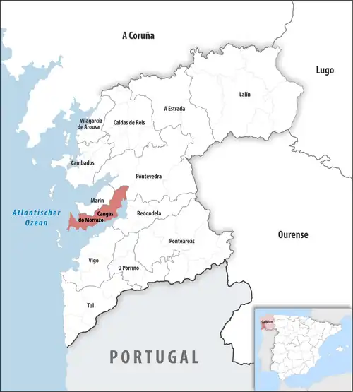 Die Lage des Gerichtsbezirk Cangas do Morrazo in der Provinz Pontevedra