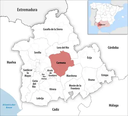 Die Lage des Gerichtsbezirk Carmona in der Provinz&nbsp;Sevilla