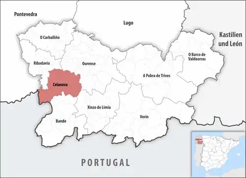 Die Lage des Gerichtsbezirk Celanova in der Provinz Ourense