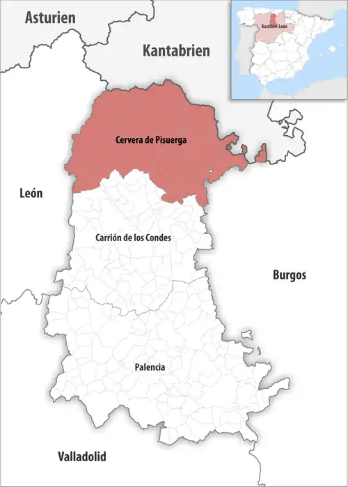 Die Lage des Gerichtsbezirk Cervera de Pisuerga in der Provinz&nbsp;Palencia