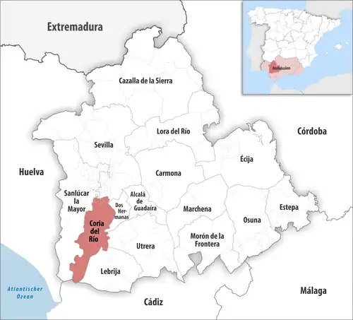 Die Lage des Gerichtsbezirk Coria del Río in der Provinz Sevilla
