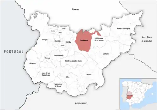 Die Lage des Gerichtsbezirk Don Benito in der Provinz&nbsp;Badajoz