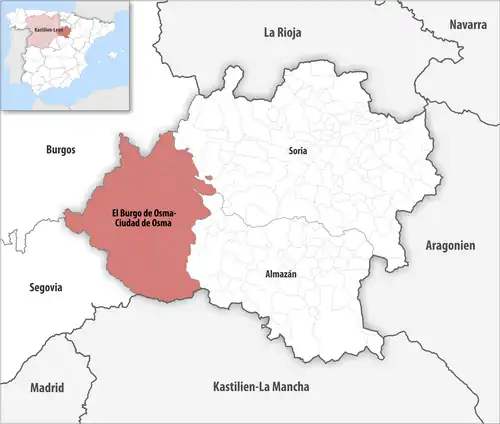 Die Lage des Gerichtsbezirk El Burgo de Osma-Ciudad de Osma in der Provinz&nbsp;Soria