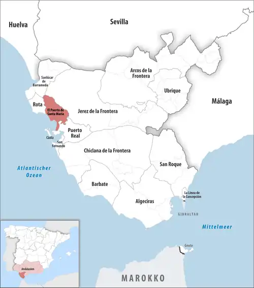 Die Lage des Gerichtsbezirk El Puerto de Santa María in der Provinz&nbsp;Cádiz