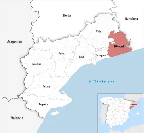 Die Lage des Gerichtsbezirk El Vendrell in der Provinz&nbsp;Tarragona