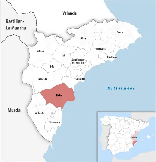 Die Lage des Gerichtsbezirk Elche in der Provinz Alicante