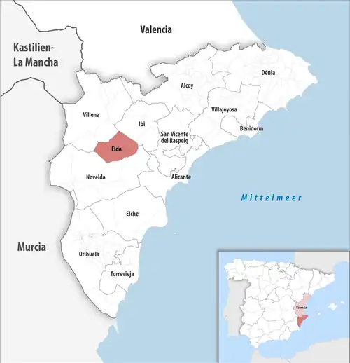Die Lage des Gerichtsbezirk Elda in der Provinz Alicante
