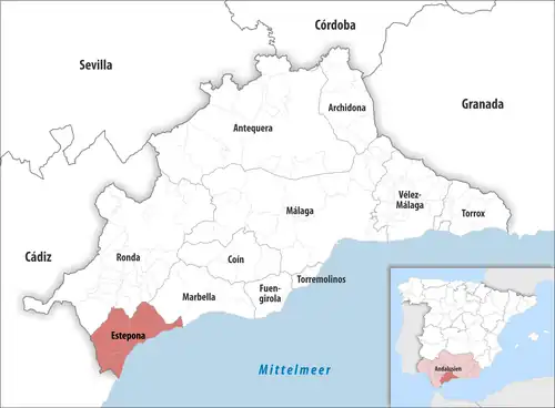 Die Lage des Gerichtsbezirk Estepona in der Provinz Málaga