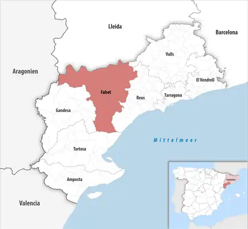 Die Lage des Gerichtsbezirk Falset in der Provinz Tarragona