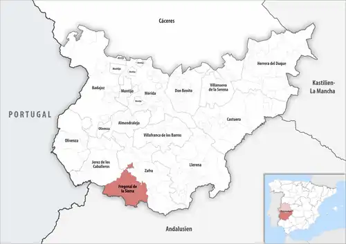 Die Lage des Gerichtsbezirk Fregenal de la Sierra in der Provinz&nbsp;Badajoz