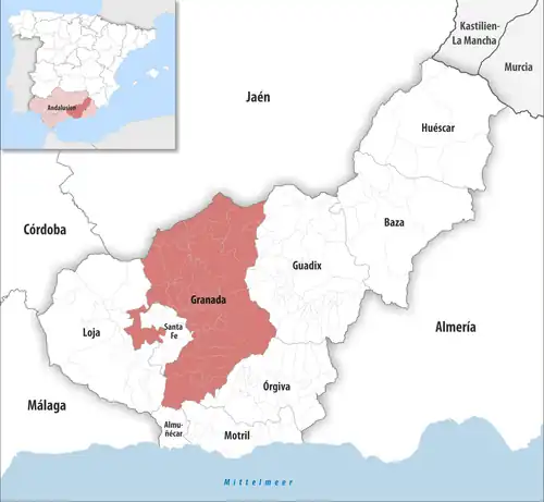 Die Lage des Gerichtsbezirk Granada in der Provinz Granada