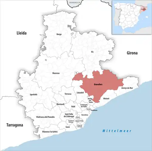 Die Lage des Gerichtsbezirk Granollers in der Provinz&nbsp;Barcelona
