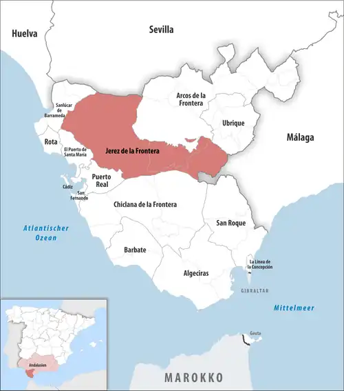 Die Lage des Gerichtsbezirk Jerez de la Frontera in der Provinz&nbsp;Cádiz