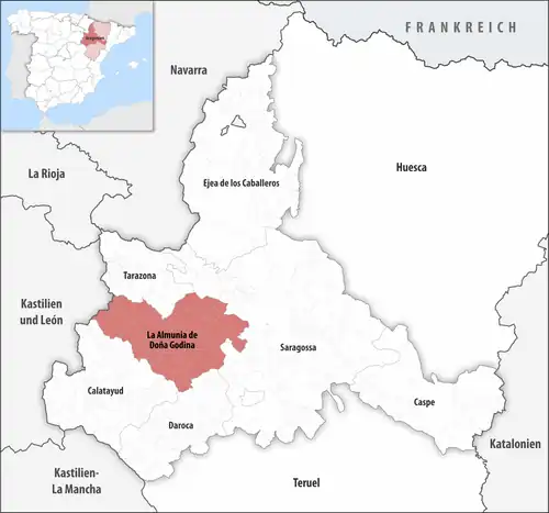 Die Lage des Gerichtsbezirk La Almunia de Doña Godina in der Provinz&nbsp;Saragossa