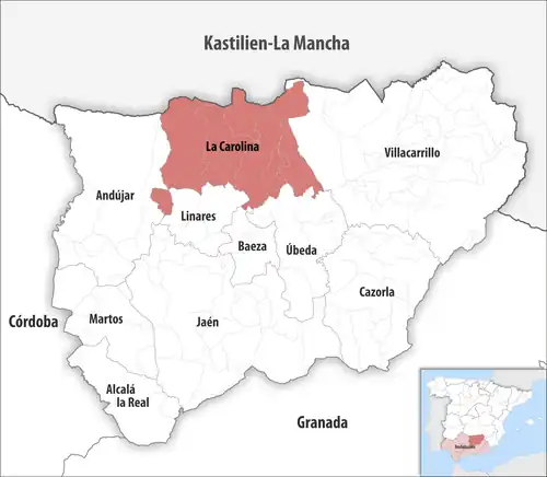 Die Lage des Gerichtsbezirk La Carolina in der Provinz Jaén