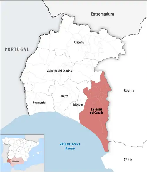 Die Lage des Gerichtsbezirk La Palma del Condado in der Provinz&nbsp;Huelva