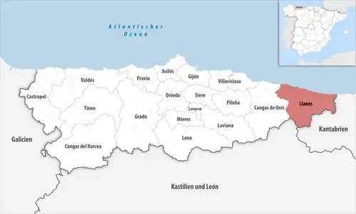 Die Lage des Gerichtsbezirk Llanes in der Provinz Asturien
