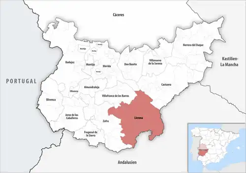 Die Lage des Gerichtsbezirk Llerena in der Provinz Badajoz