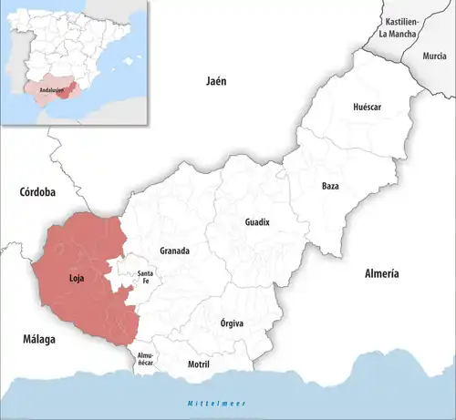Die Lage des Gerichtsbezirk Loja in der Provinz Granada