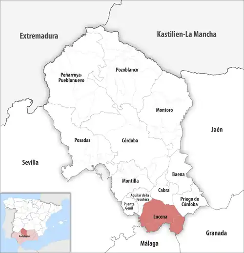 Die Lage des Gerichtsbezirk Lucena in der Provinz&nbsp;Córdoba
