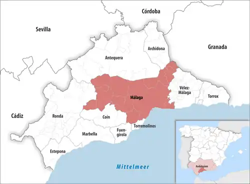 Die Lage des Gerichtsbezirk Málaga in der Provinz Málaga