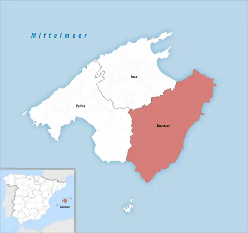 Die Lage des Gerichtsbezirk Manacor auf der Insel Mallorca