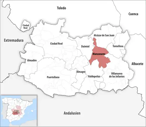 Die Lage des Gerichtsbezirk Manzanares in der Provinz Ciudad Real