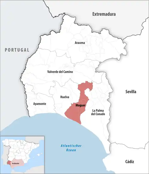 Die Lage des Gerichtsbezirk Moguer in der Provinz&nbsp;Huelva