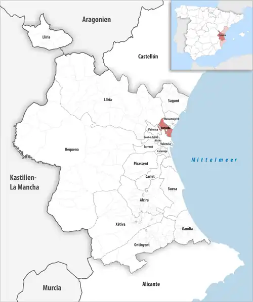 Die Lage des Gerichtsbezirk Moncada in der Provinz Valencia