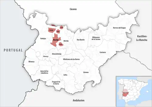 Die Lage des Gerichtsbezirk Montijo in der Provinz&nbsp;Badajoz