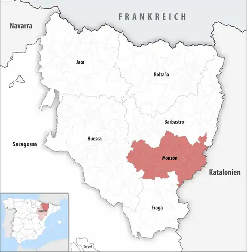Die Lage des Gerichtsbezirk Monzón in der Provinz Huesca