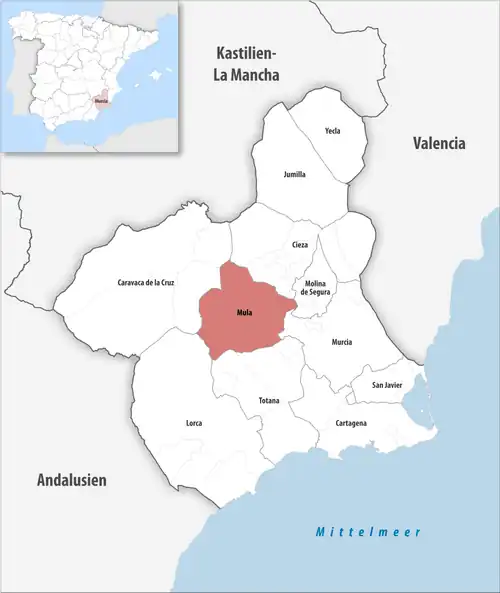 Die Lage des Gerichtsbezirk Mula in der autonomen Gemeinschaft Murcia