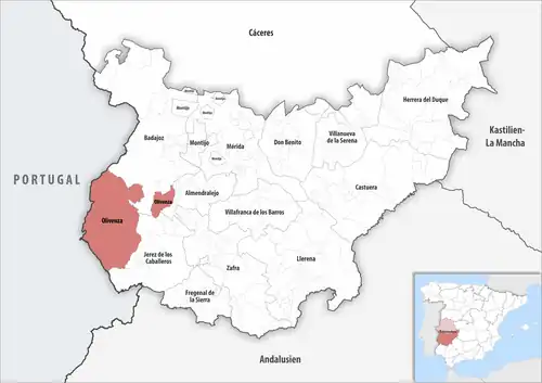 Die Lage des Gerichtsbezirk Olivenza in der Provinz&nbsp;Badajoz