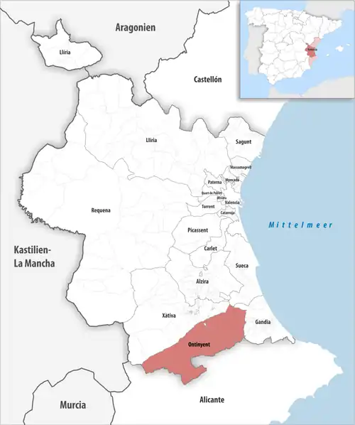 Die Lage des Gerichtsbezirk Ontinyent in der Provinz&nbsp;Valencia