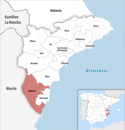 Die Lage des Gerichtsbezirk Orihuela in der Provinz&nbsp;Alicante