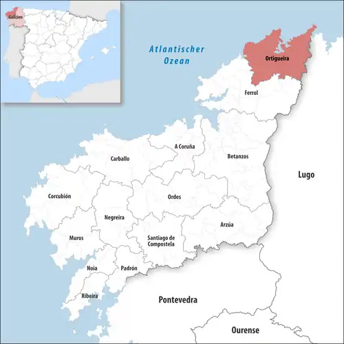 Die Lage des Gerichtsbezirk Ortigueira in der Provinz&nbsp;A Coruña