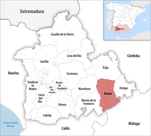 Die Lage des Gerichtsbezirk Osuna in der Provinz&nbsp;Sevilla