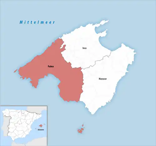 Die Lage des Gerichtsbezirk Palma auf der Insel&nbsp;Mallorca