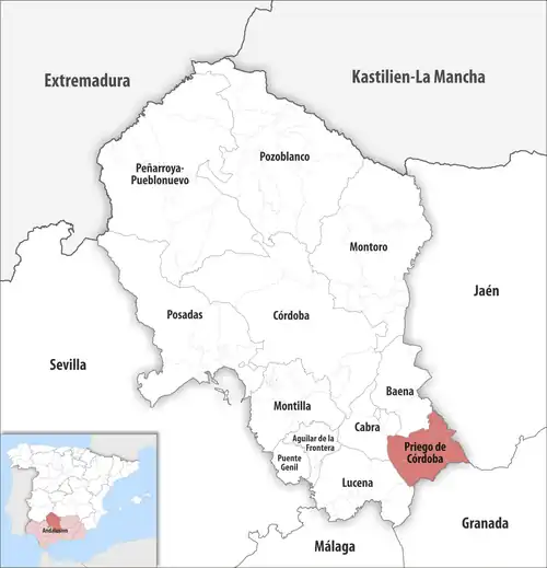 Die Lage des Gerichtsbezirk Priego de Córdoba in der Provinz&nbsp;Córdoba
