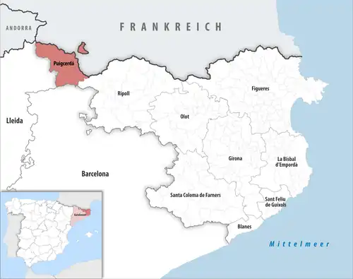 Die Lage des Gerichtsbezirk Puigcerdà in der Provinz&nbsp;Girona