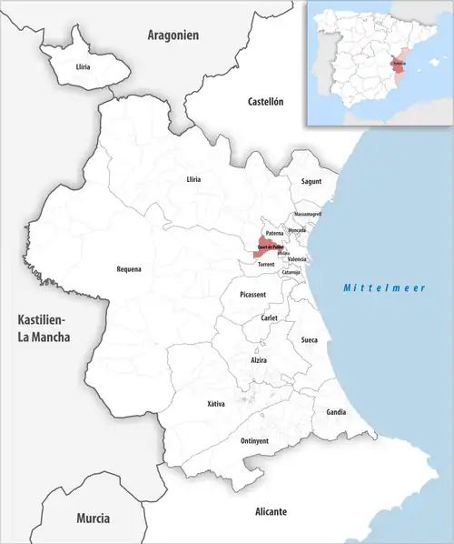 Die Lage des Gerichtsbezirk Quart de Poblet in der Provinz Valencia