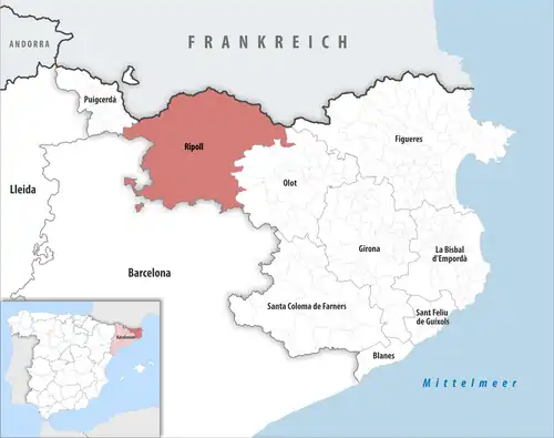 Die Lage des Gerichtsbezirk Ripoll in der Provinz&nbsp;Girona