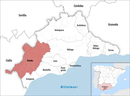 Die Lage des Gerichtsbezirk Ronda in der Provinz Málaga