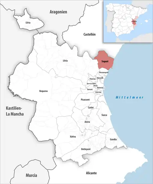 Die Lage des Gerichtsbezirk Sagunt in der Provinz Valencia