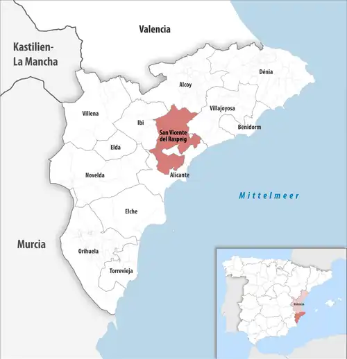 Die Lage des Gerichtsbezirk San Vicente del Raspeig in der Provinz&nbsp;Alicante